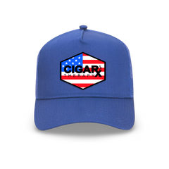 Royal Blue Curved Trucker with USA Flag Patch Front View