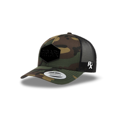 Camo Curved Trucker with Blackout Patch Angled View