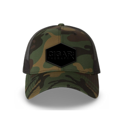 Camo Curved Trucker with Blackout Patch Front View