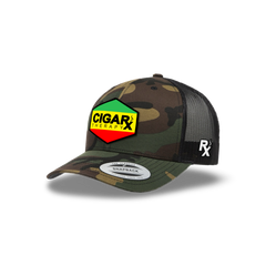 Camo Curved Trucker with Reggae Rasta Patch Angled View