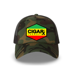 Camo Curved Trucker with Reggae Rasta Patch Front View