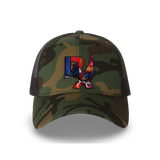 Camo Curved Trucker with Smokin Cock Patch Black Stroke Front