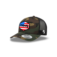 Camo Curved Trucker with USA Flag Patch Angled
