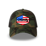 Camo Curved Trucker with USA Flag Patch Front View