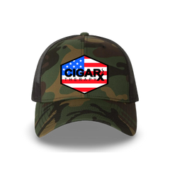 Camo Curved Trucker with USA Flag Patch Front View