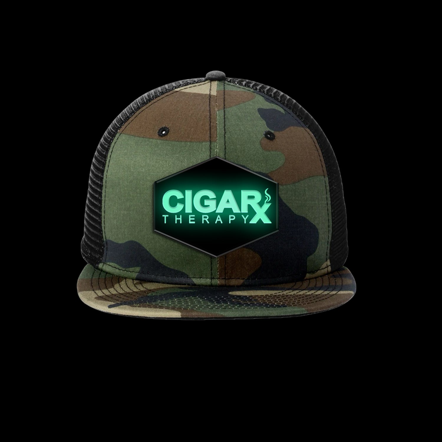 Camo Flat Trucker w/ Black Classic GLOW in the Dark Patch L.E. Front View