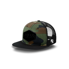 Camo Flat Trucker with Blackout Patch Black Bill Angled View