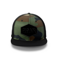 Camo Flat Trucker with Blackout Patch Black Bill Front View