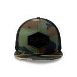 Camo Flat Trucker with Blackout Patch Camo Bill Front View