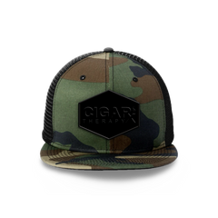 Camo Flat Trucker with Blackout Patch Camo Bill Front View