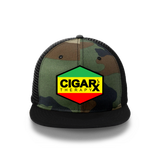 Camo Flat Trucker with Reggae Rasta Patch Black Bill Front View