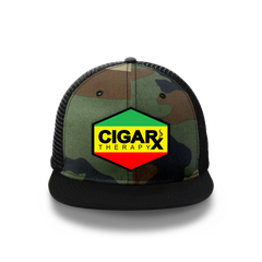 Camo Flat Trucker with Reggae Rasta Patch Black Bill Front View