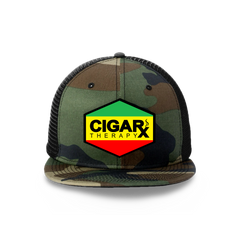Camo Flat Trucker with Reggae Rasta Patch Camo Bill Front View