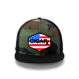 Camo Flat Trucker with USA Flag Patch Black Bill Front View