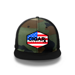 Camo Flat Trucker with USA Flag Patch Black Bill Front View