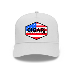 White Curved Trucker with USA Flag Patch Front View