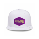White Flat Trucker with Gold on Purple Patch Front View