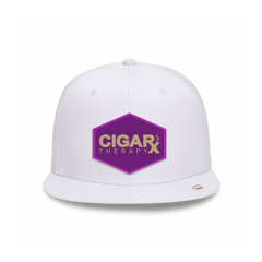 White Flat Trucker with Gold on Purple Patch Front View