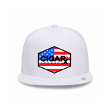 White Flat Trucker with USA Flag Patch Front View