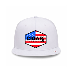 White Flat Trucker with USA Flag Patch Front View