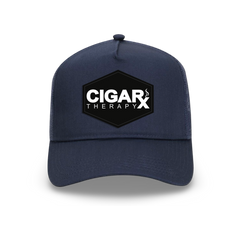 Navy Curved Trucker with Black Classic Patch Front View
