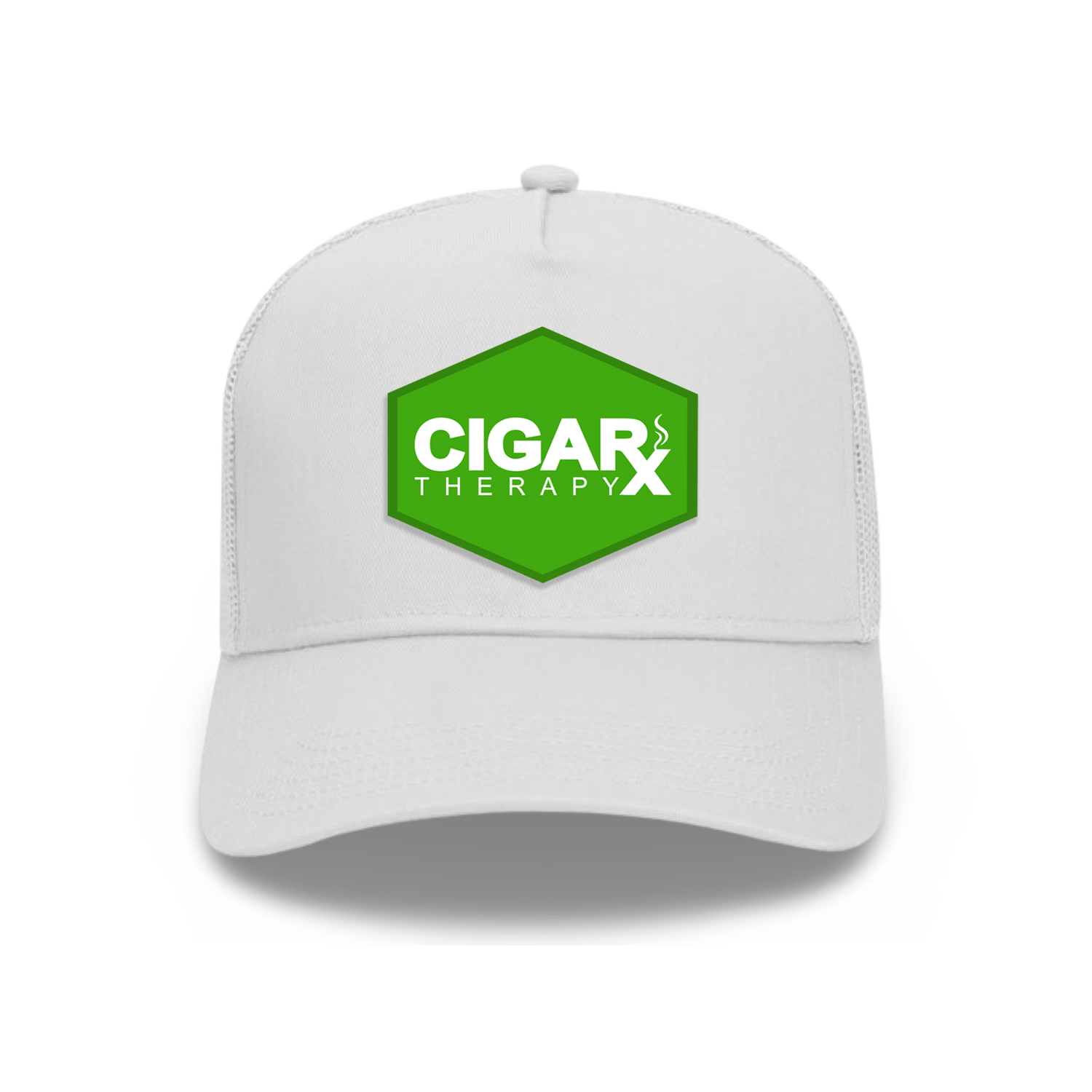 White Curved Trucker with Green Classic Patch