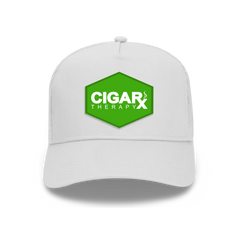 White Curved Trucker with Green Classic Patch Front View
