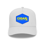 White Curved Trucker with Yellow on Blue Patch Front View
