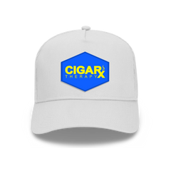 White Curved Trucker with Yellow on Blue Patch Front View
